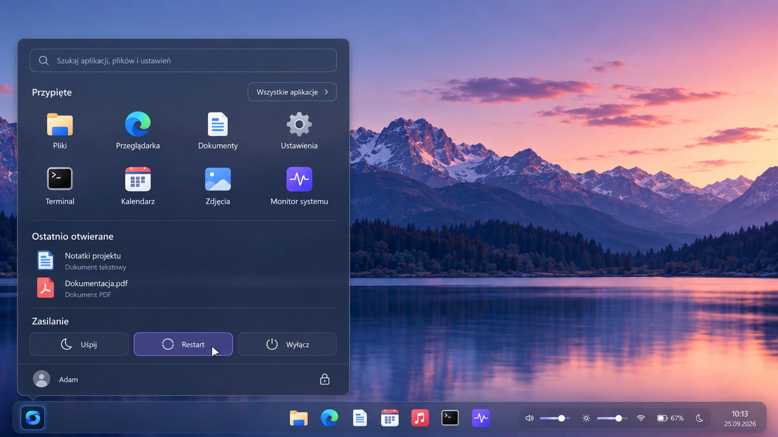 OSAIKU desktop design: a start panel with pinned apps, recent files and power controls over a mountain lake at dusk.